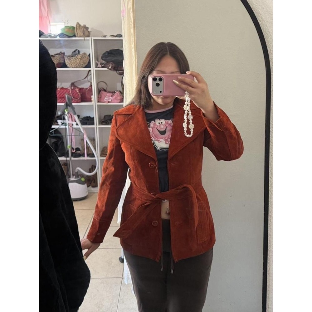 Women's Suede Leather Jacket Orange Red, Vintage 70s - Picture 3 of 8